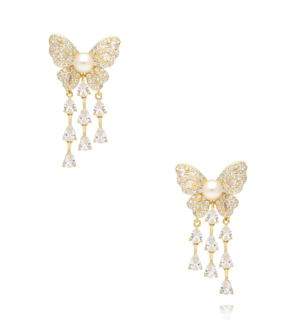 Kolczyki motyle z perłą i kaskadą kryształków KSS2243