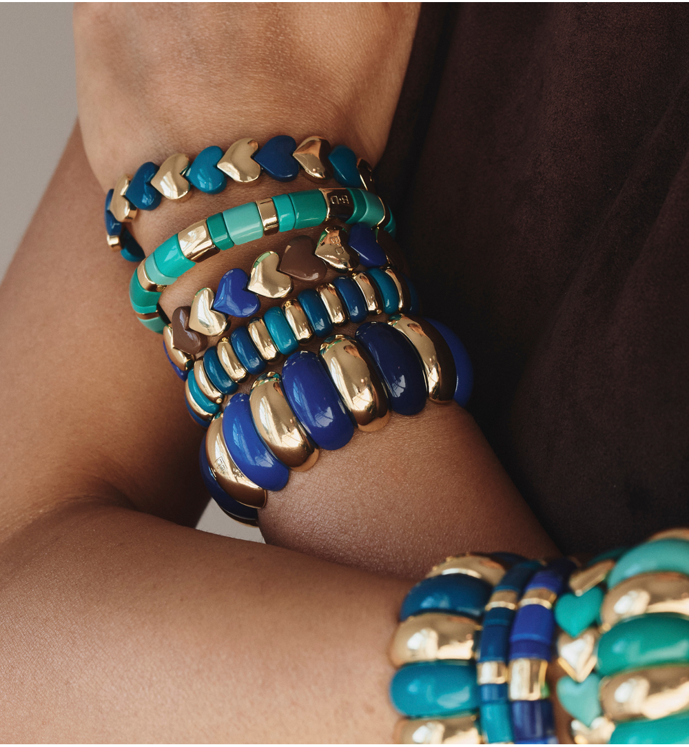 Bransoletka elastyczna z serduszkami w odcieniach granatu, brązu i złota BCR0089