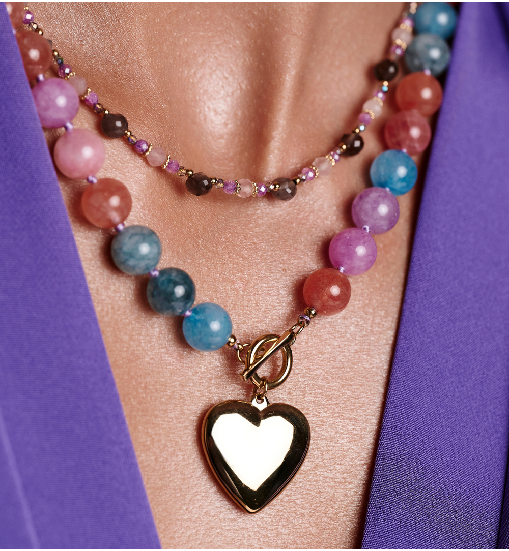 Naszyjnik z cyrkonii, szklanego kryształu i szarego agatu NTW1570