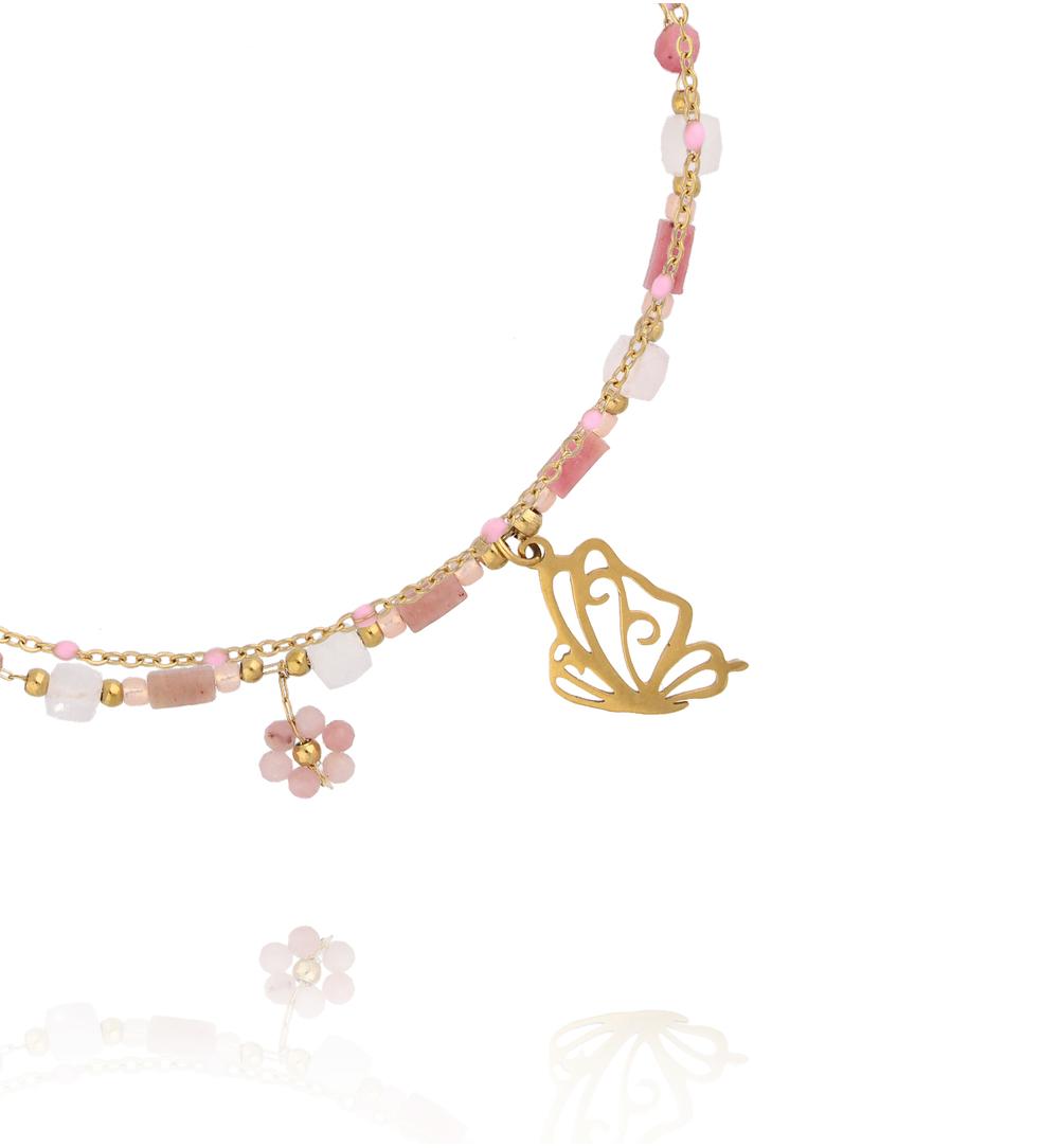 Bransoletka na nogę z różowymi kamieniami i zawieszką motyla BNSY0074