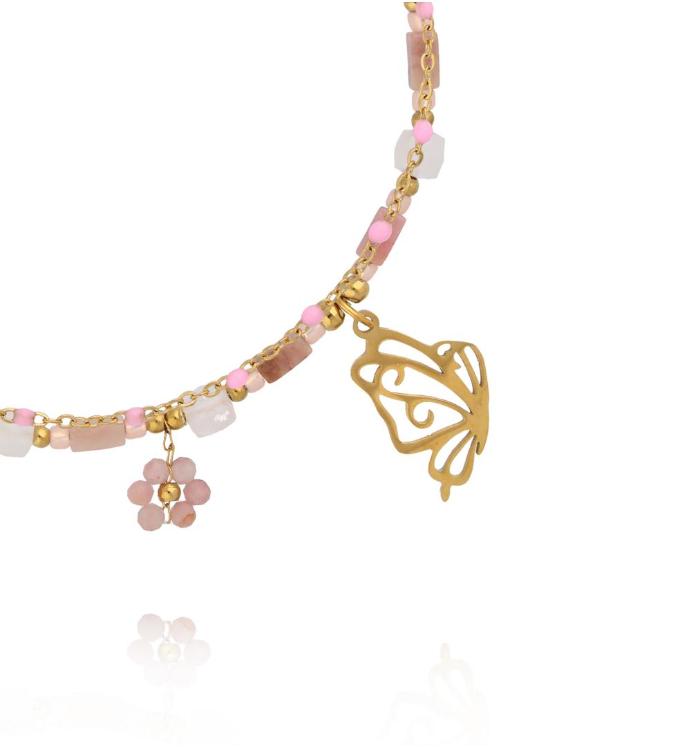 Bransoletka z różowymi kamieniami naturalnymi i zawieszką motyla BSY0581