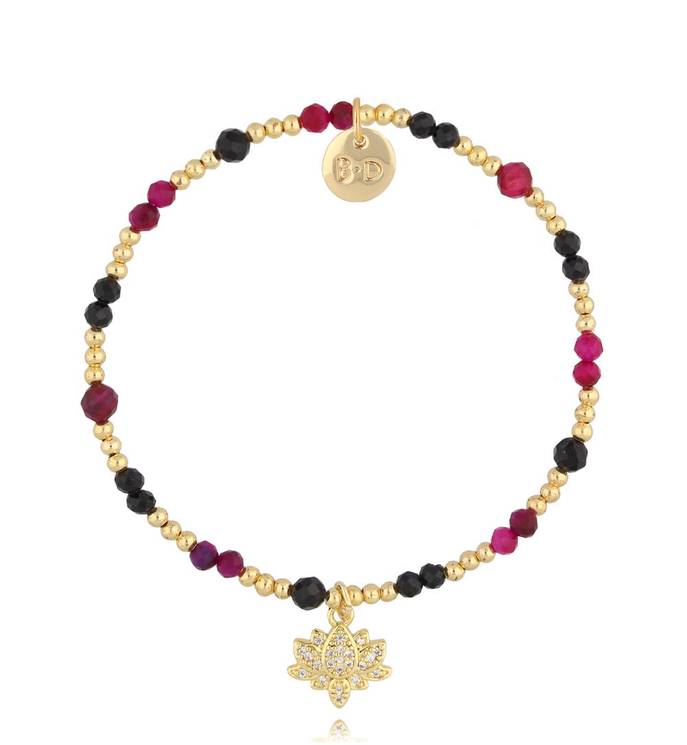 Bransoletka bordowo czarna z kwiatem lotosu BTW2799