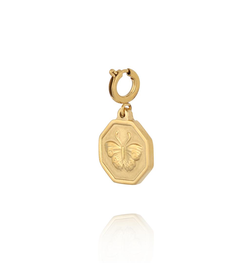 Charms złoty motyl w ozdobnej ramce  CHA0105