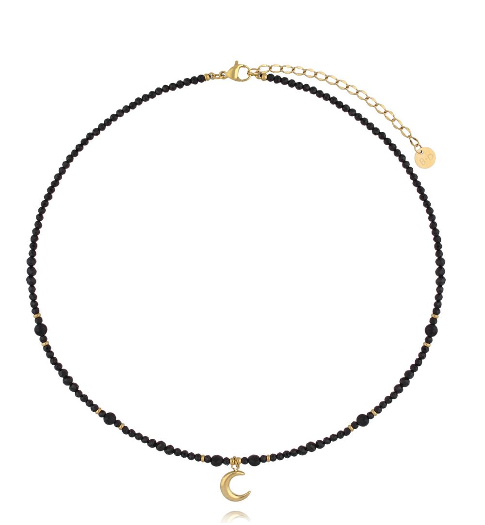 Naszyjnik z czarnego turmalinu z zawieszką – złoty księżyc NTW1624