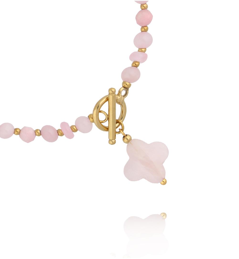 Bransoletka z kwarcami różowymi z koniczynką i złotym zapięciem BPA0635