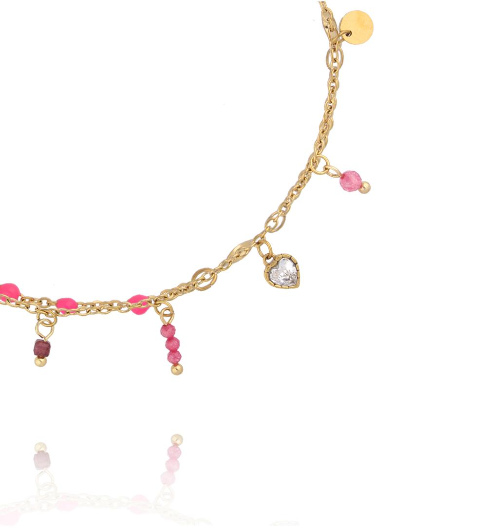 Bransoletka na nogę z różowymi kamieniami i zawieszką serca BNSY0071