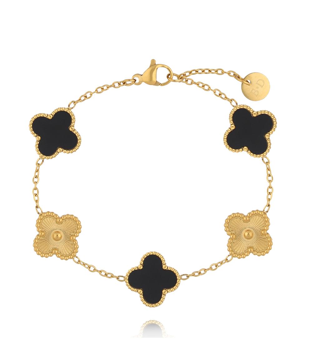 Bransoletka z czarnymi i złotymi koniczynkami BSY0557