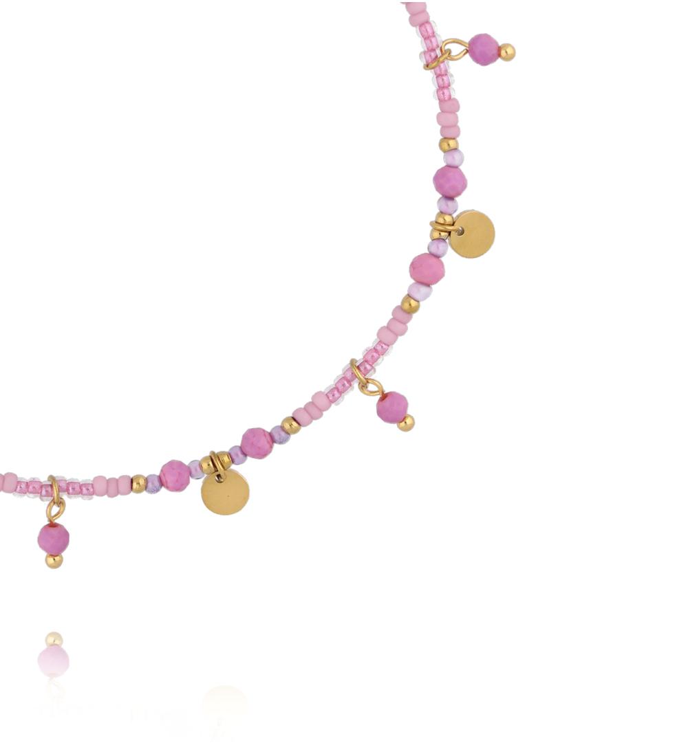 Bransoletka na nogę z różowymi kamieniami i złotymi zawieszkami BNTW0106