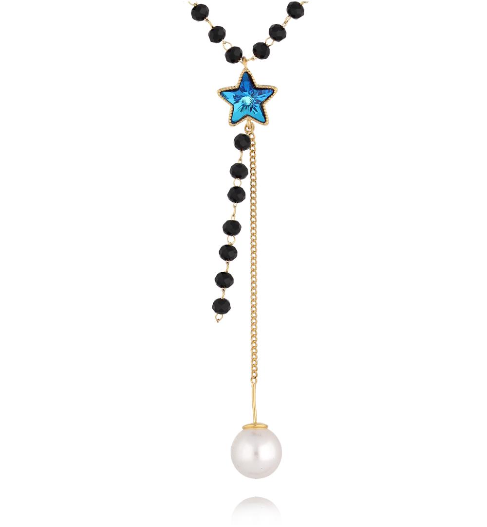 Naszyjnik z czarnych koralików i niebieską gwiazdą NLU0049