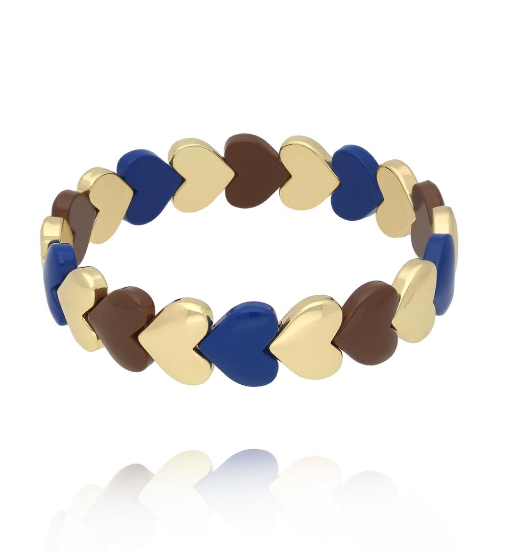 Bransoletka elastyczna z serduszkami w odcieniach granatu, brązu i złota BCR0089