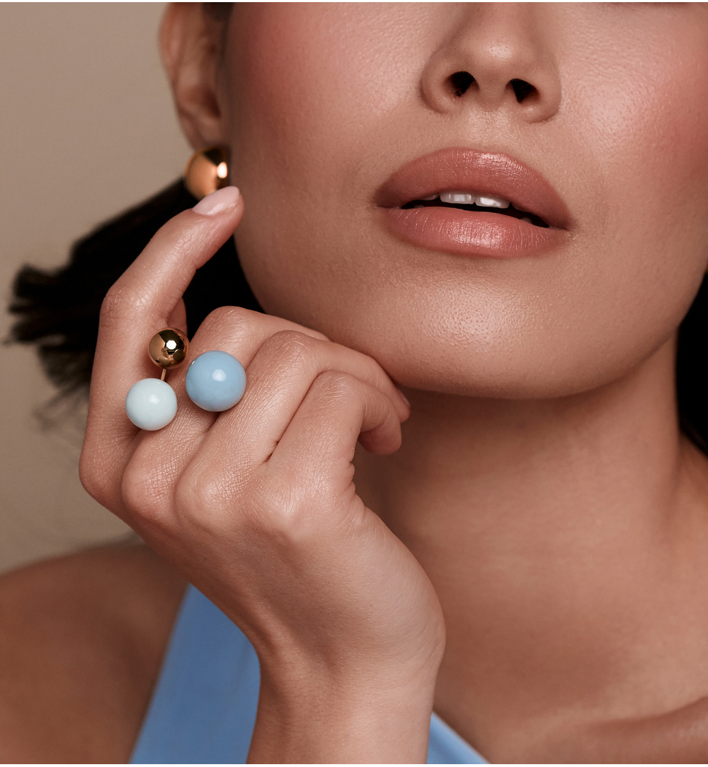 Pierścionek z kulami w odcieniach błękitu i złota PSA1113