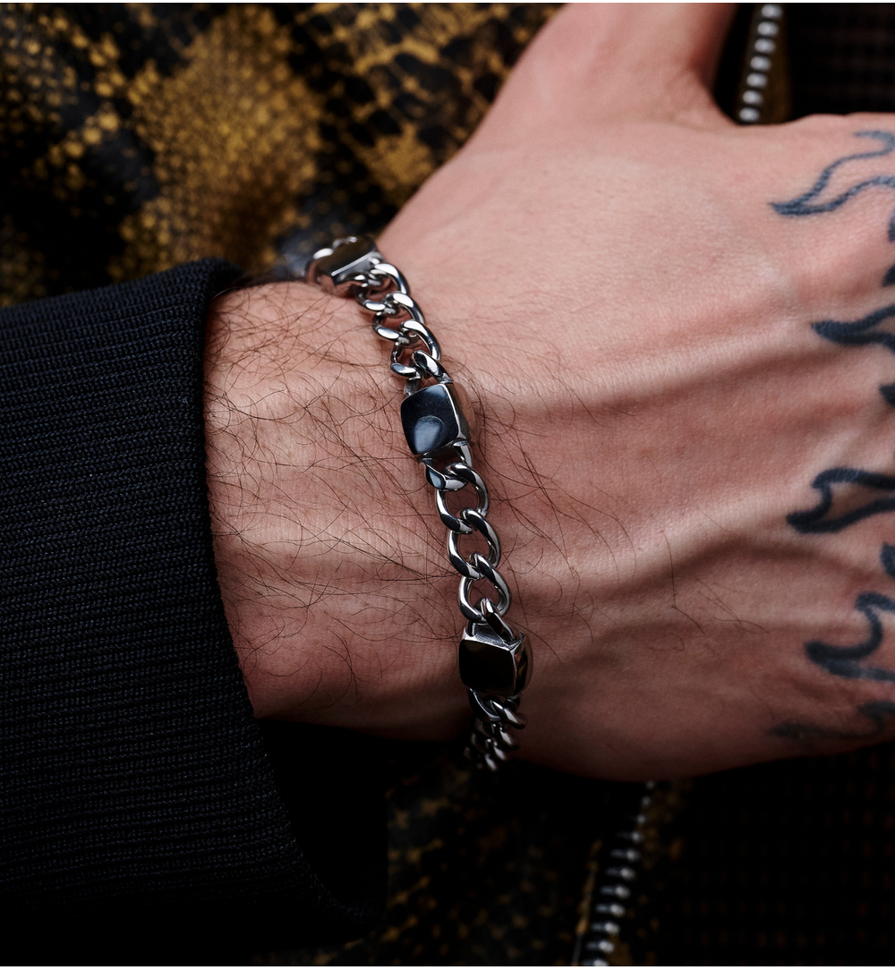 Bransoletka męska srebrna z czarnymi agatami BMITC0938