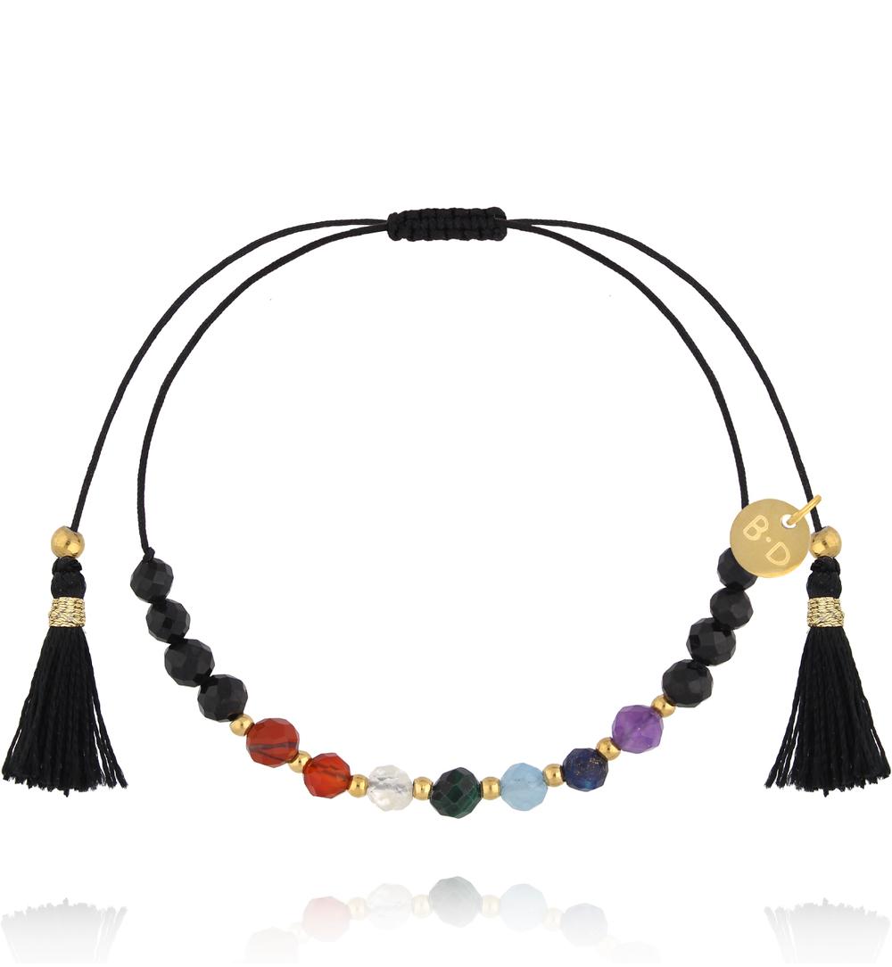 Bransoletka na czarnym sznurku z frędzlami i kamieniami naturalnymi BMT0358