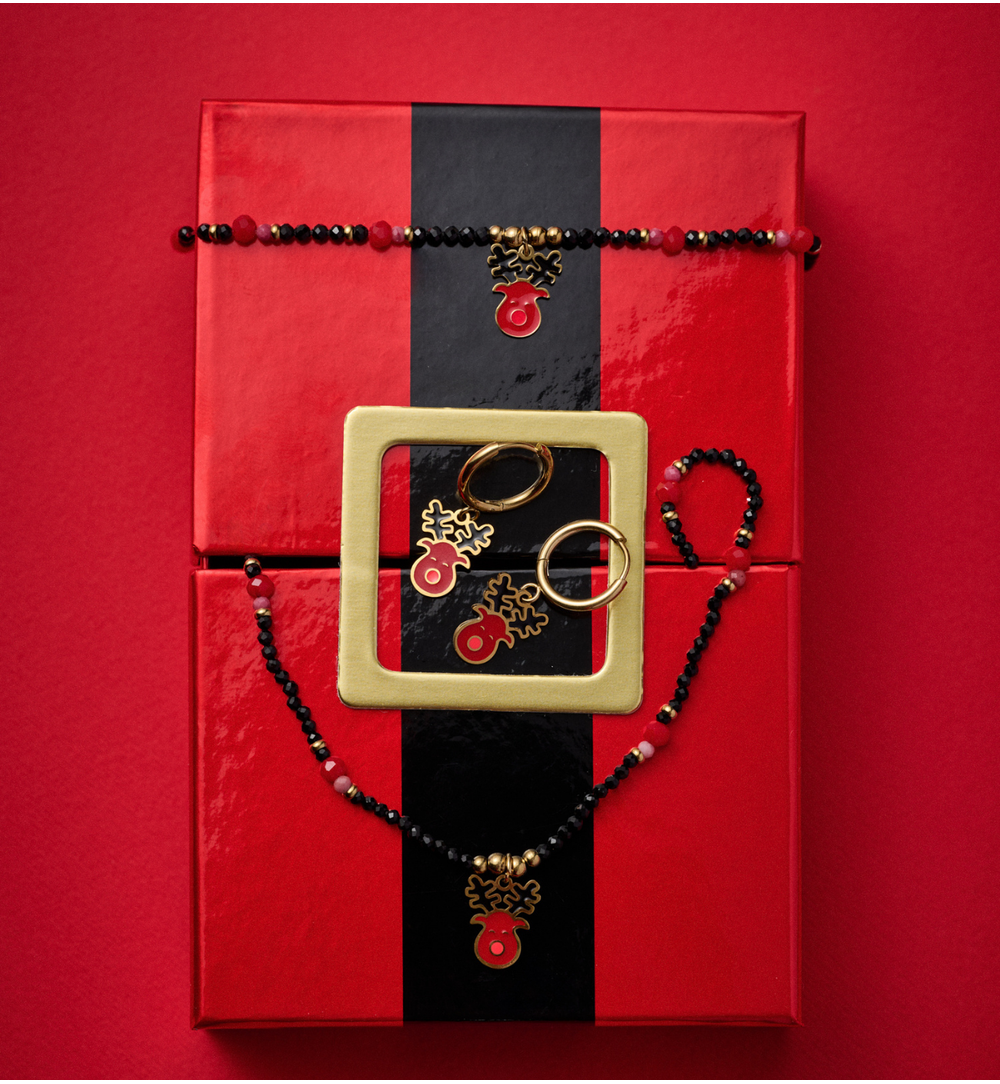 Naszyjnik z czarnych i czerwonych koralików z reniferem NTW1399