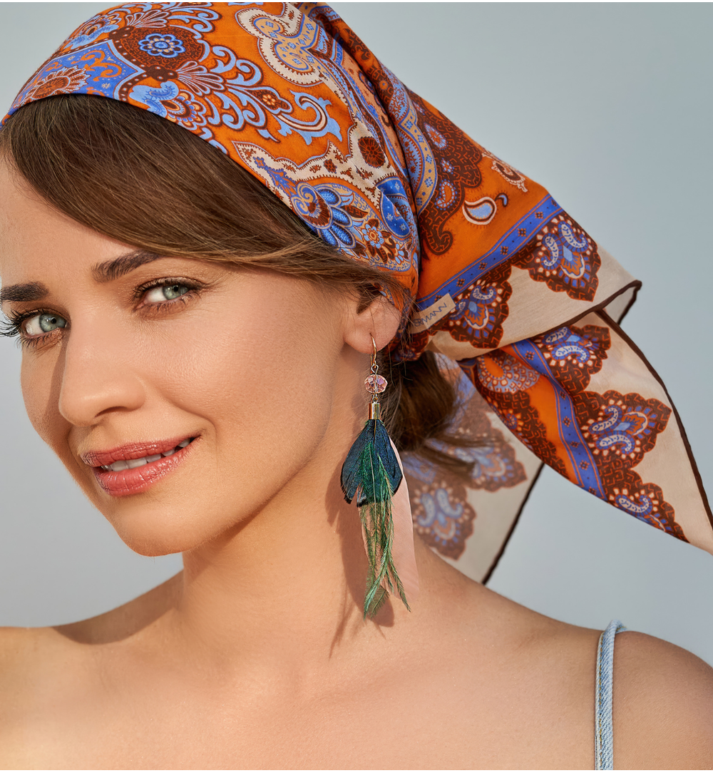 Kolczyki różowo zielone z piórkami Boho Feathers KFF0090