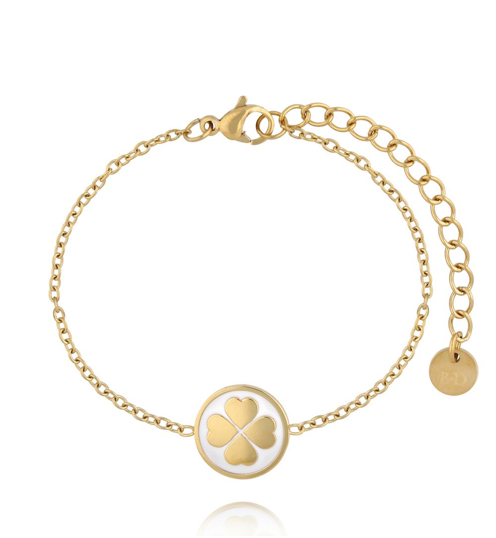 Bransoletka z czterolistną koniczynką na białej emalii BSA0994