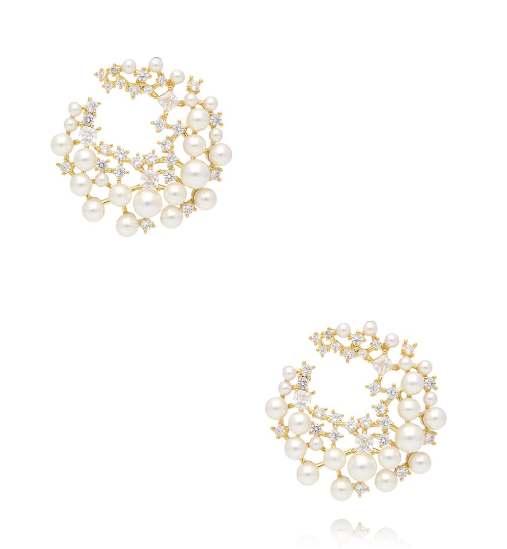 Kolczyki złote z perłami i cyrkoniami w kształcie księżyca KSS2170