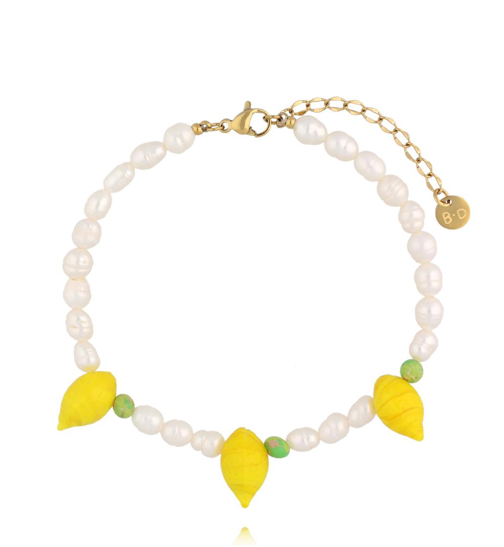 Bransoletka na nogę z perełek i żółtych cytrynek BNPA0021