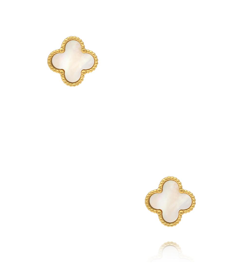 Kolczyki koniczynki z masą perłową w złotej oprawie KSY0660