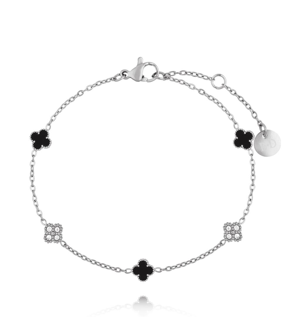 Bransoletka srebrna z czarnymi koniczynkami i cyrkoniami BSY0542