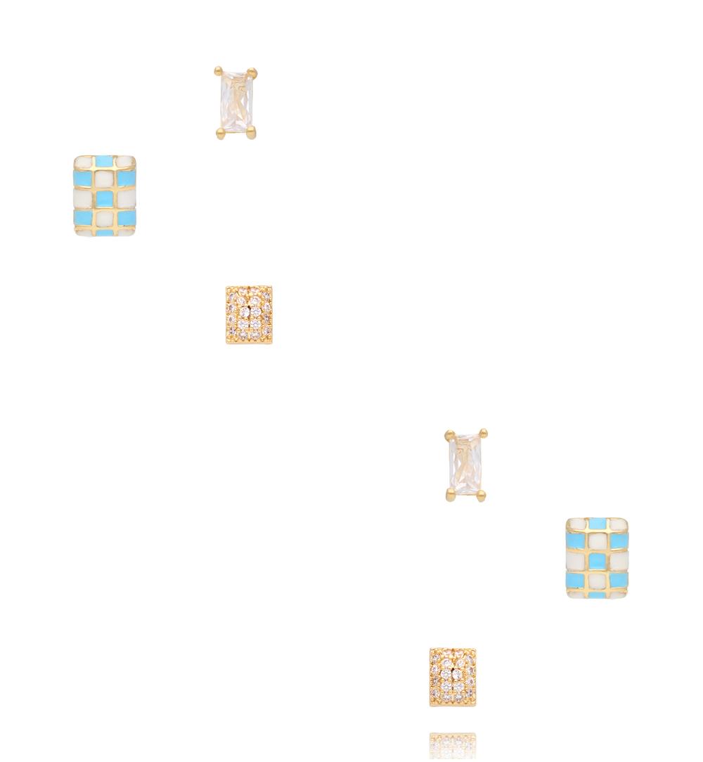 Zestaw kolczyków złoconych – geometryczny mix z emalią i cyrkoniami KMB0013