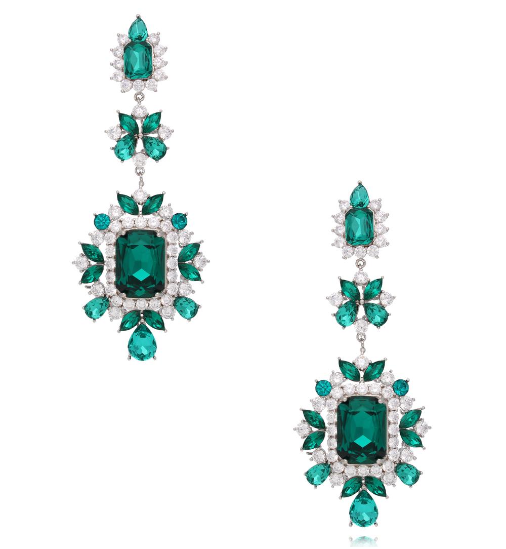 Kolczyki z zielonymi kryształami i cyrkoniami w srebrnym wykończeniu KSS2252