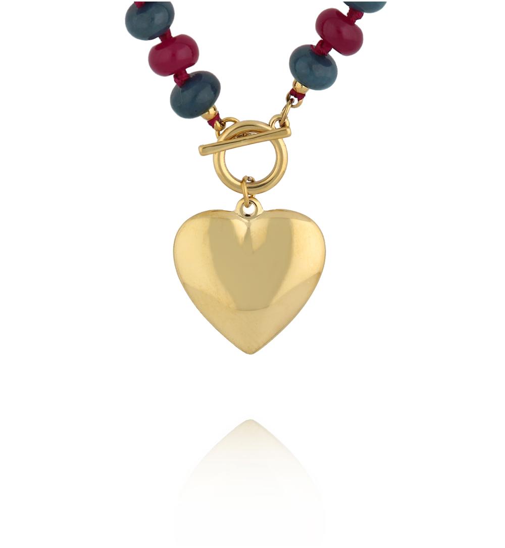 Naszyjnik z jadeitu w odcieniach burgundu i granatu z pozłacanym sercem NPA1588