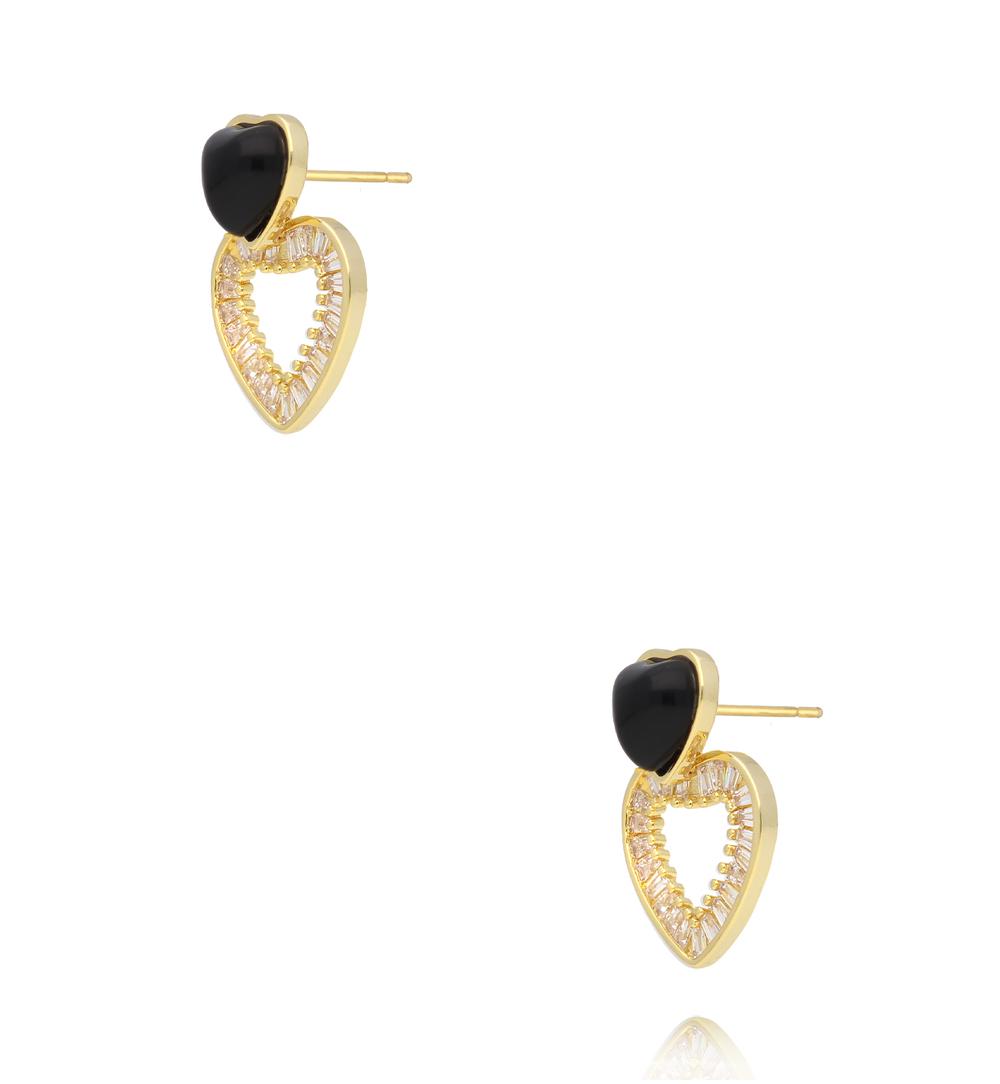 Kolczyki serca z czarną emalią i kryształami złote KSS2223