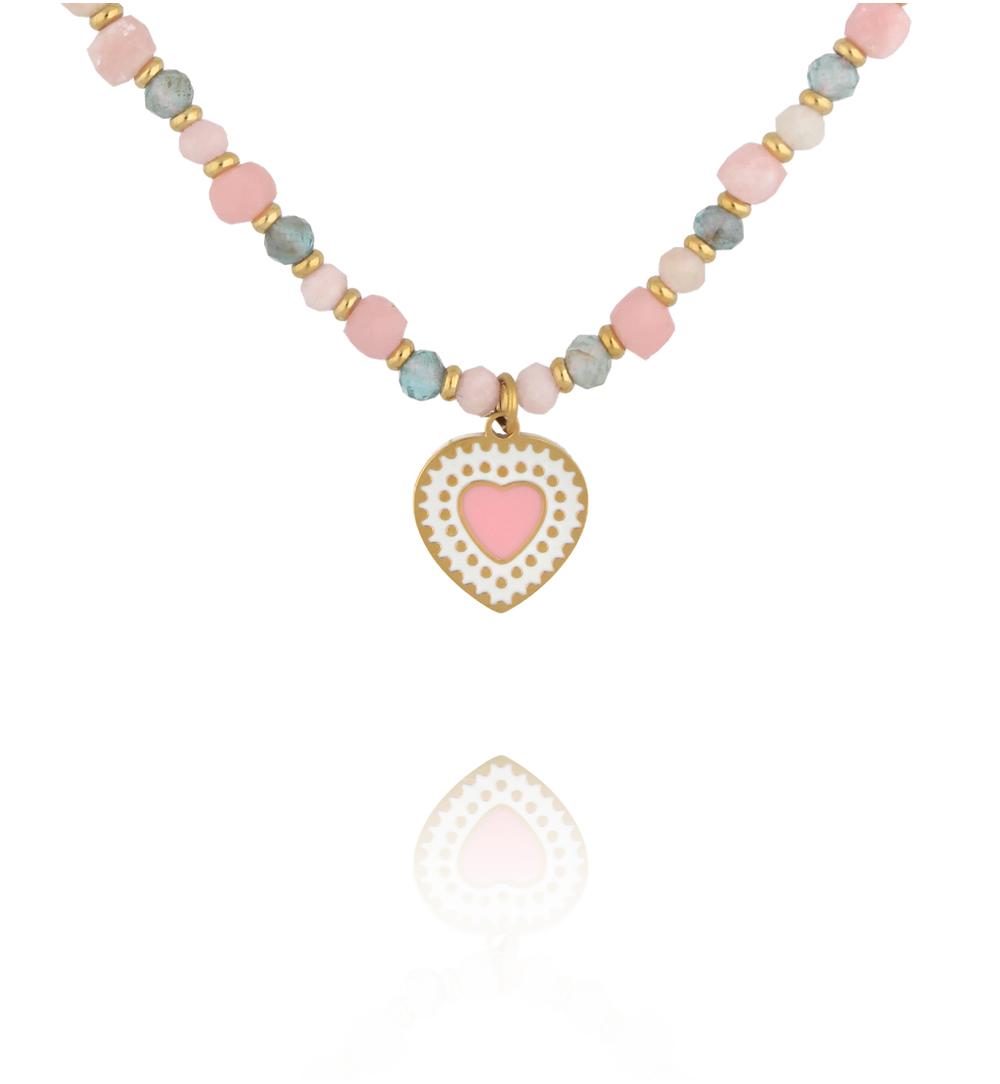 Naszyjnik z różowego opalu i apatytu z pozłacaną zawieszką serca NTW1637