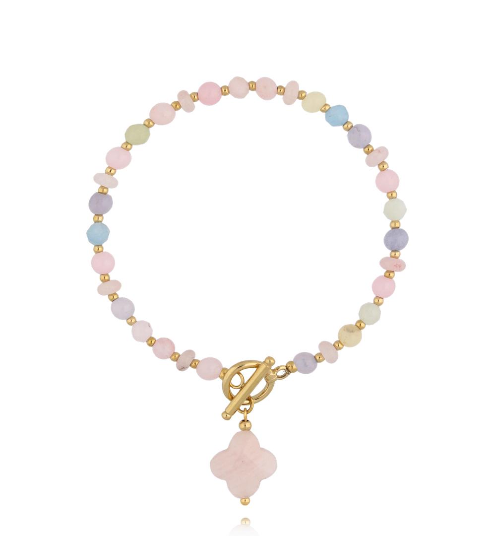 Bransoletka z morganitami z koniczynką i złotym zapięciem BPA0634