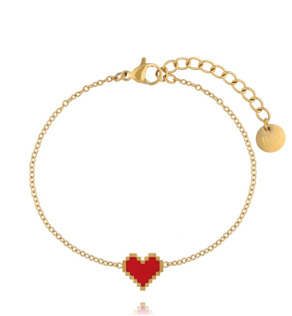 Bransoletka z czerwonym pikselowym sercem na złotym łańcuszku BSY0631