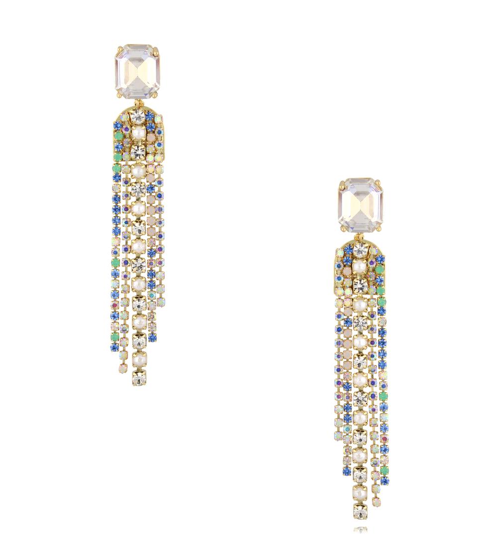 Kolczyki wiszące złote z kolorowymi kryształami i perłami KSC0168