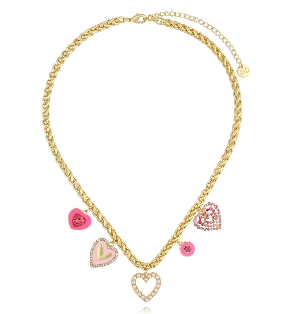 Naszyjnik złoty z różowymi sercami NS0429