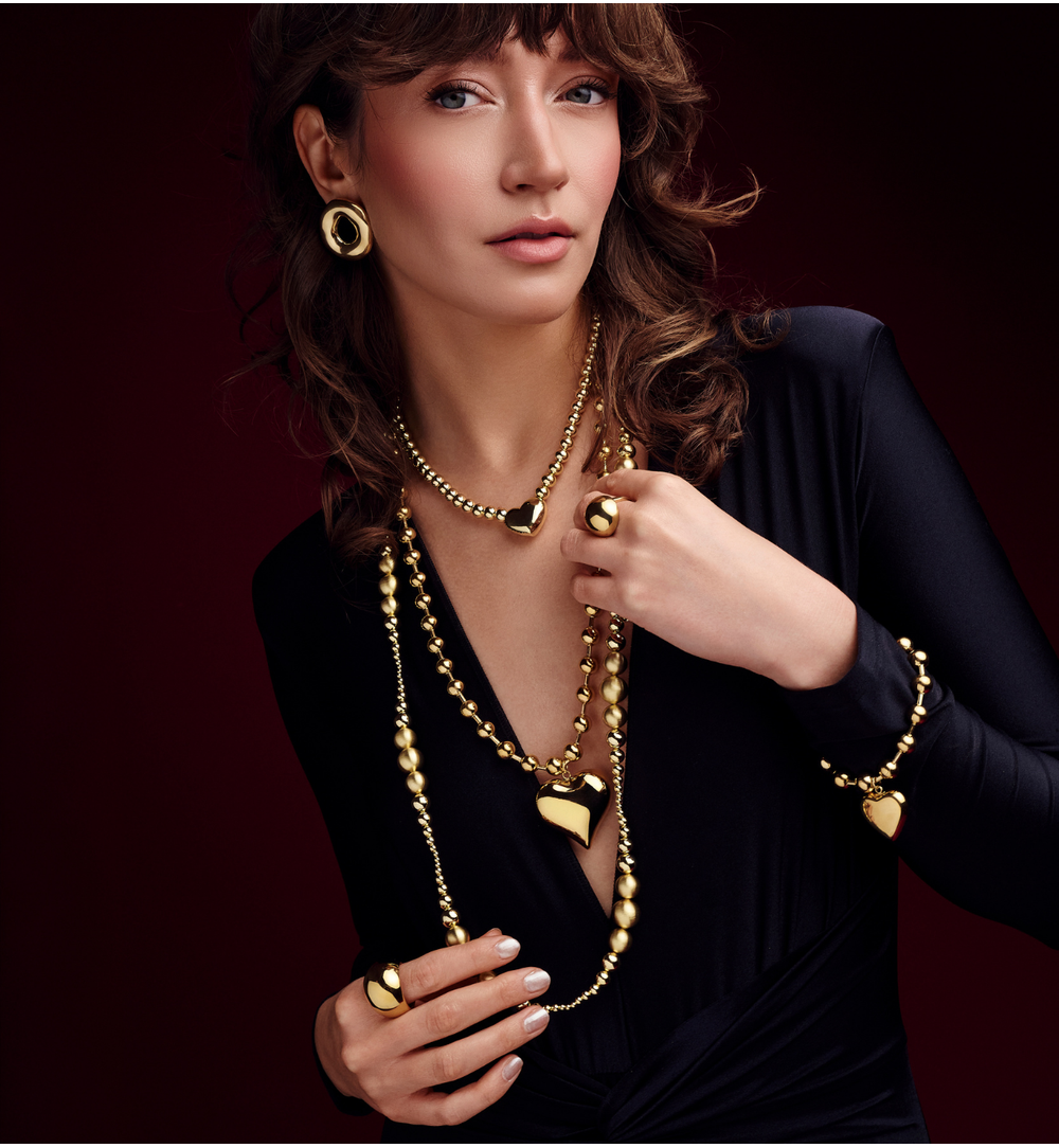 Naszyjnik z kulkami i sercem zloty długi NSY0569