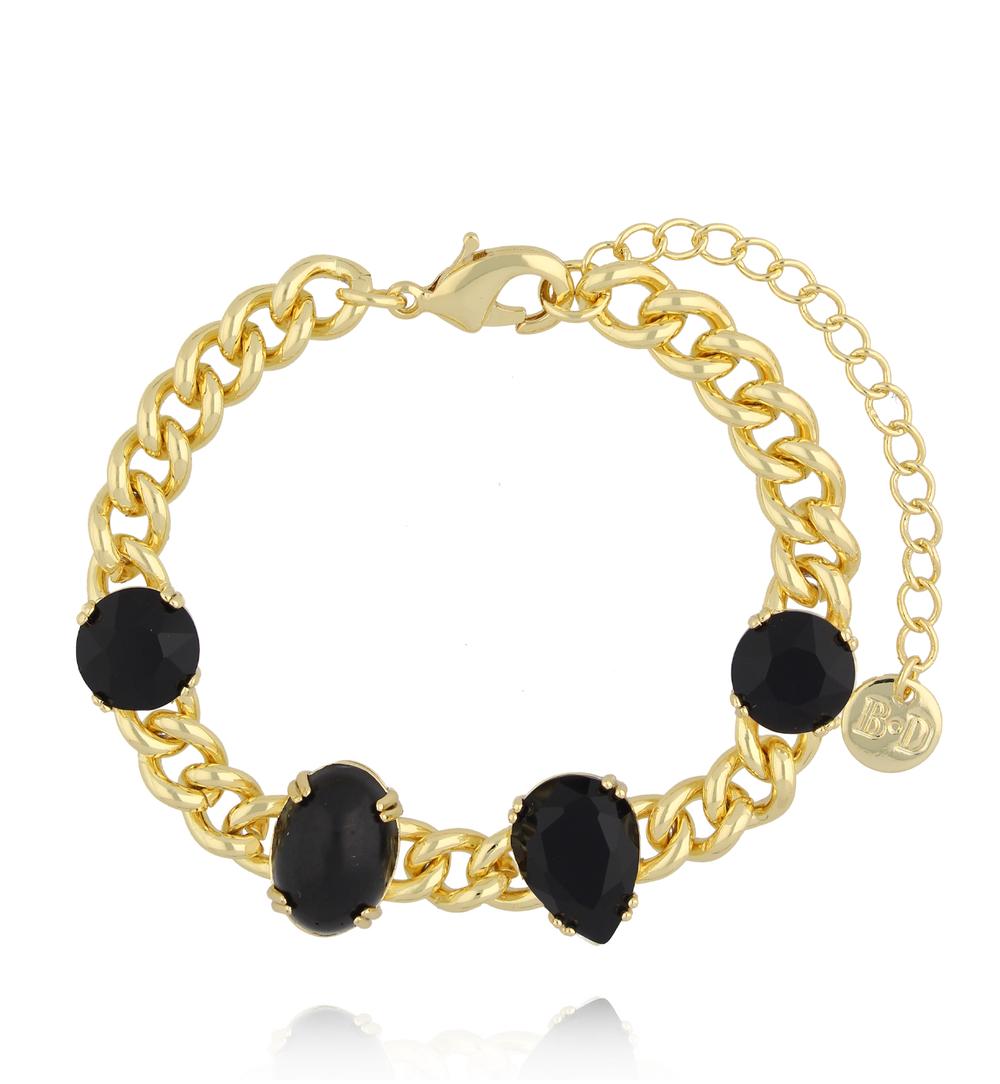 Bransoletka na złotym łańcuchu z czarnymi kamieniami BSS0268