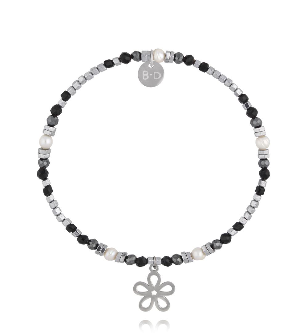 Bransoletka z hematytu, czarnego turmalinu i pereł z zawieszką kwiatka BTW3679