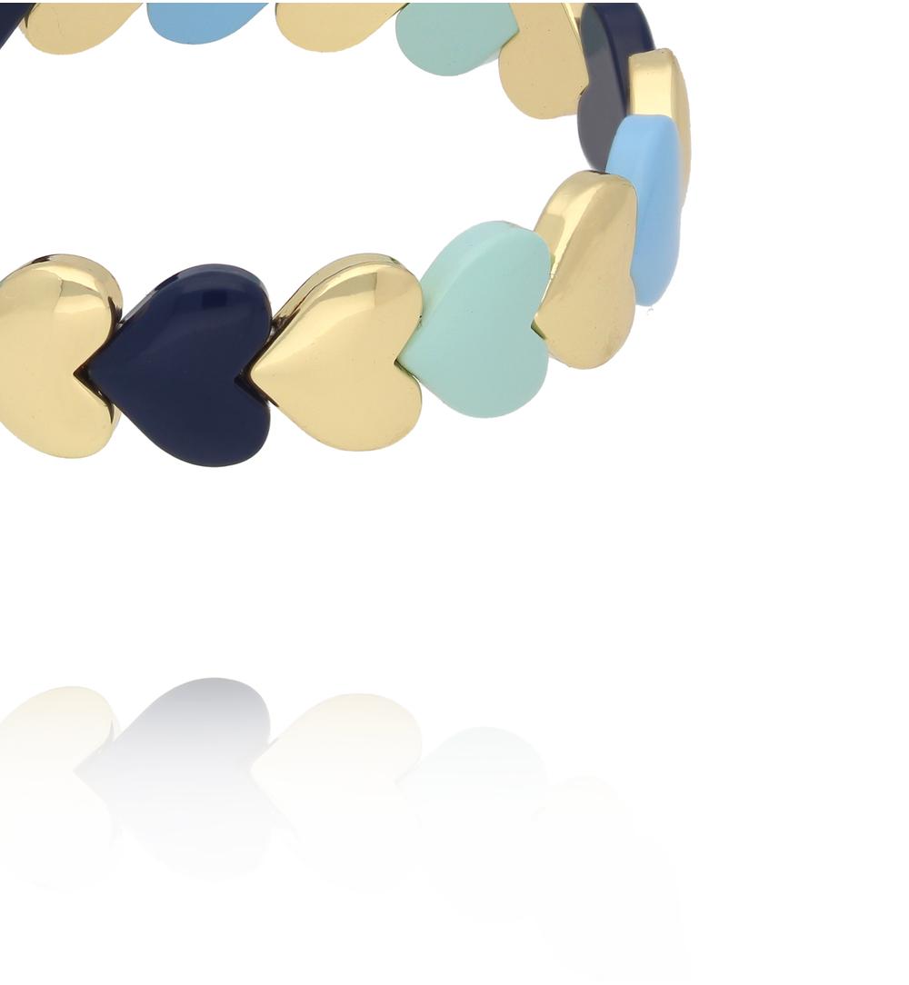 Bransoletka elastyczna z serduszkami w odcieniach błękitu, granatu i mięty ze złotem BCR0088