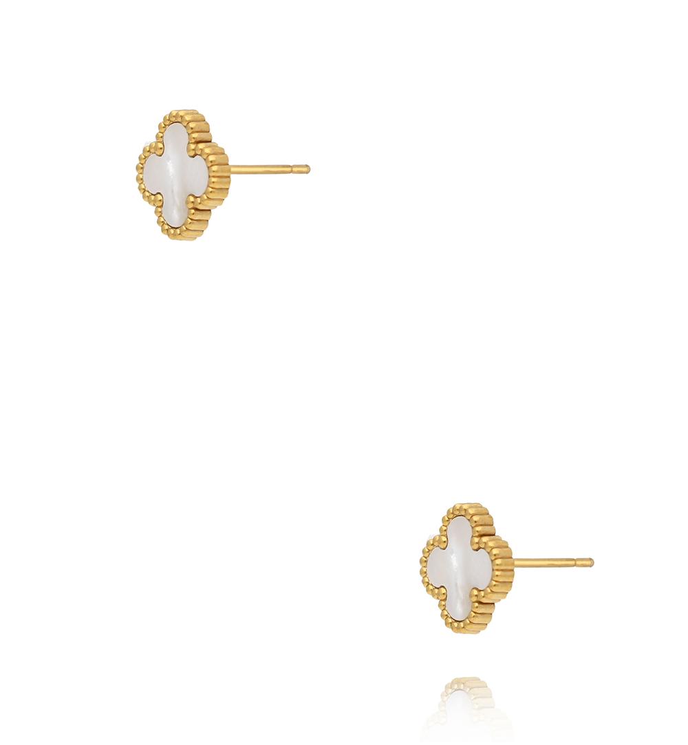 Kolczyki koniczynki z naturalną masą perłową w złotej oprawie KSY0663