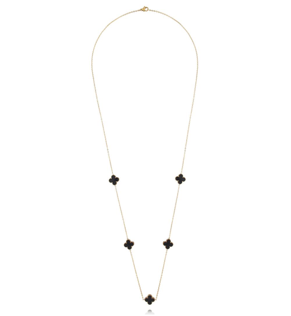 Naszyjnik długi z czarnymi koniczynkami w złotym wykończeniu NSA1534
