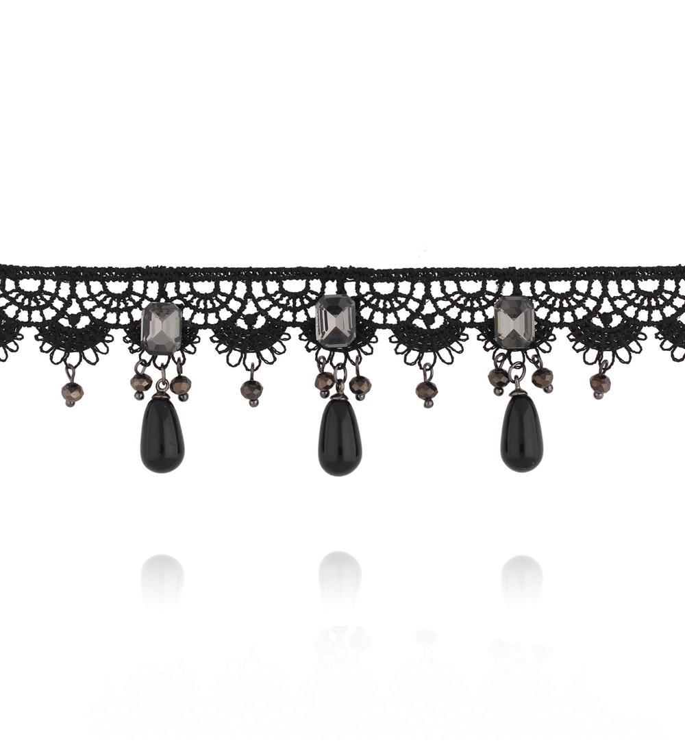 Choker czarny koronkowy z kryształami i kroplami onyksu NLU0047
