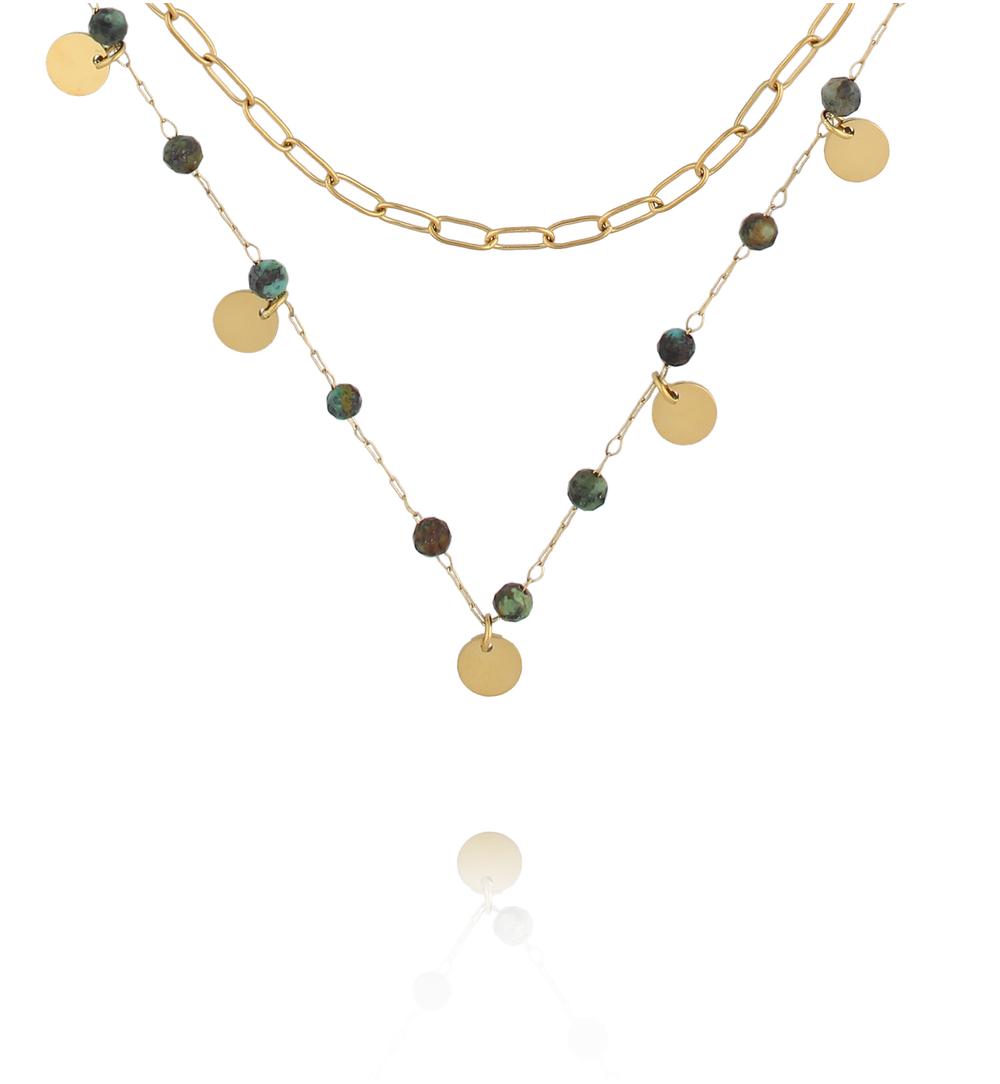 Naszyjnik warstwowy ze złoceniem i jadeitami afrykańskimi NEA0099