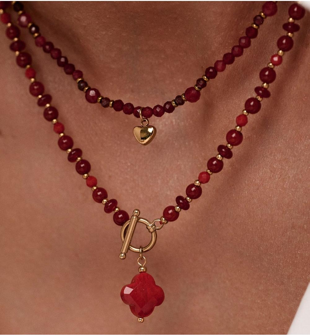 Zestaw biżuterii z bordowymi kamieniami i koniczynką ZN0231