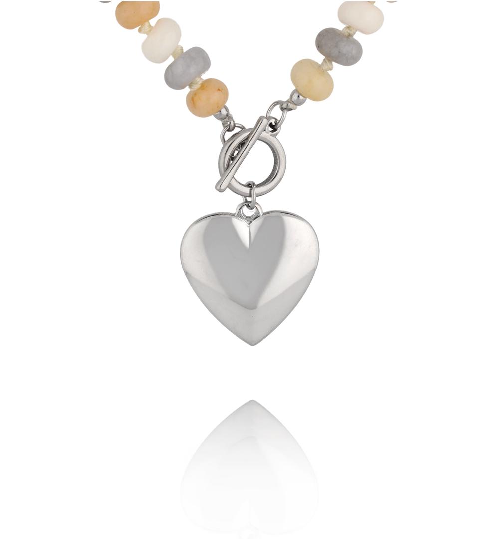 Naszyjnik z kamieni w odcieniach beżu i szarości z posrebrzanym sercem NPA1633
