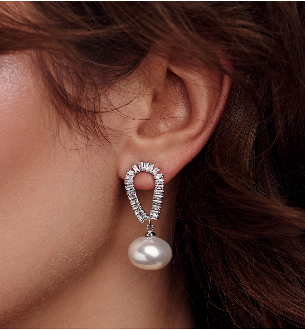 Kolczyki z perłą i cyrkoniową łezką srebrne KLU0199