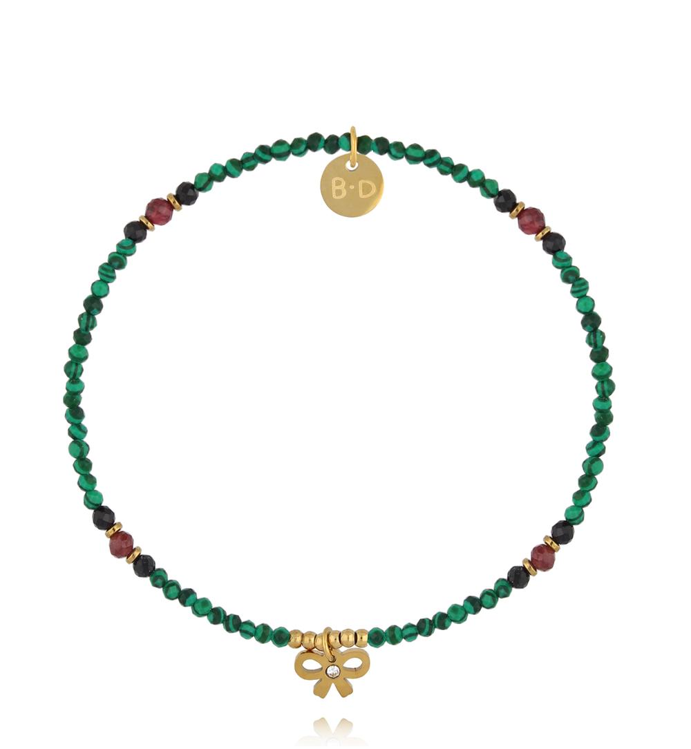 Bransoletka z malachitu, granatu i czarnego turmalinu ze złotą kokardką BTW3510
