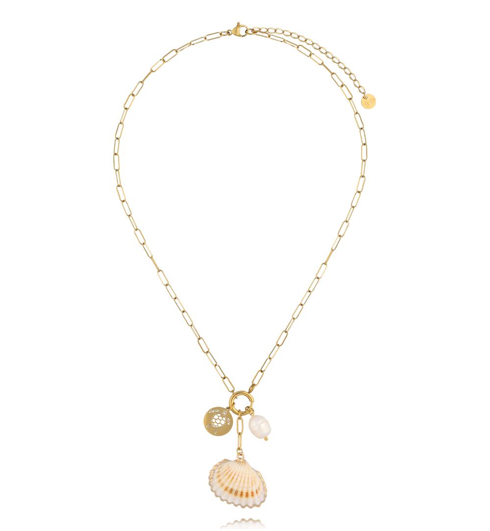 Naszyjnik z naturalną muszlą, perełką i złotą zawieszką na łańcuszku NSY0750