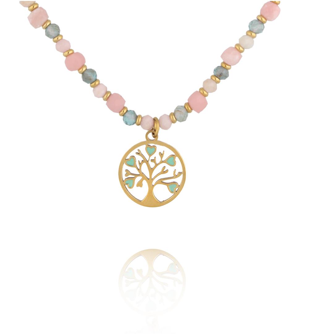 Naszyjnik z różowym opalem i apatytami z zawieszką Drzewa Życia NTW1640