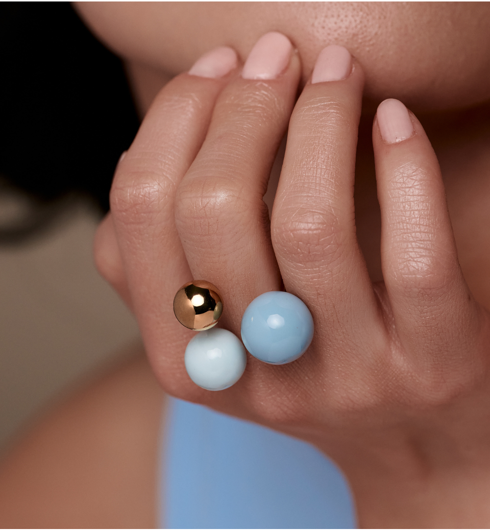 Pierścionek z kulami w odcieniach błękitu i złota PSA1113