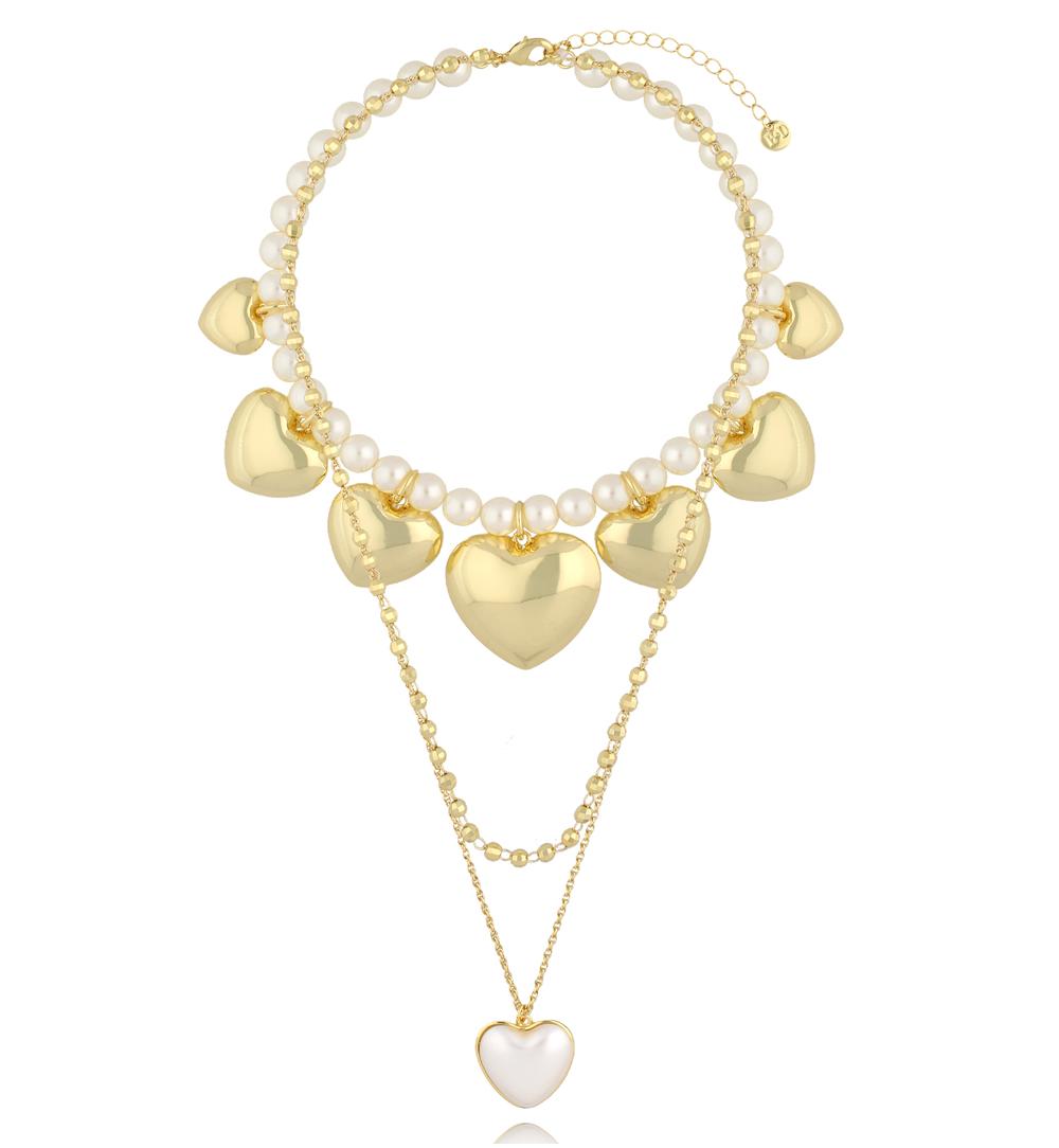 Naszyjnik z perłami i złotymi sercami NS0395