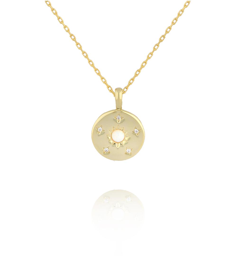 Naszyjnik z okrągłą zawieszką z opalem i motywem słońca NCA0096